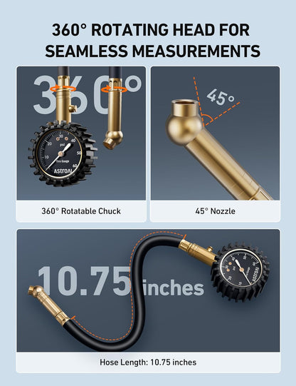 AstroAI Tire Pressure Gauge for Cars with Large 2" Dial, Solid Brass with Rubber Hose, Air Bleeder Valve, ANSI B40.1, 0-60PSI