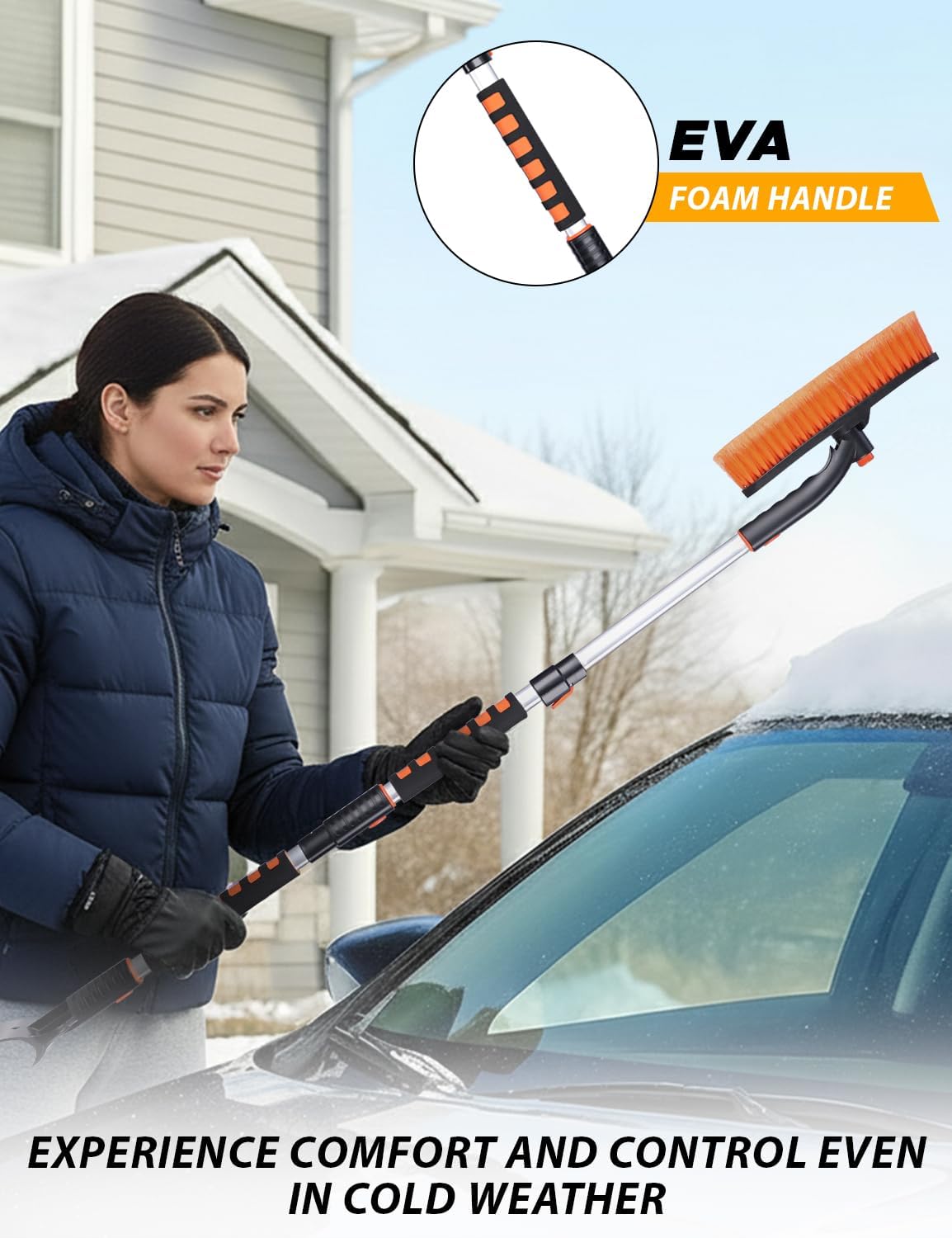 EcoNour 27" 3 in 1 Snow Brush with ice Scraper for car Windshield and Window | 360° Aluminum Rotatable Snow Brush for car | Winter Snow Removal Tools with Detachable Foam Grip | Winter Car Accessories