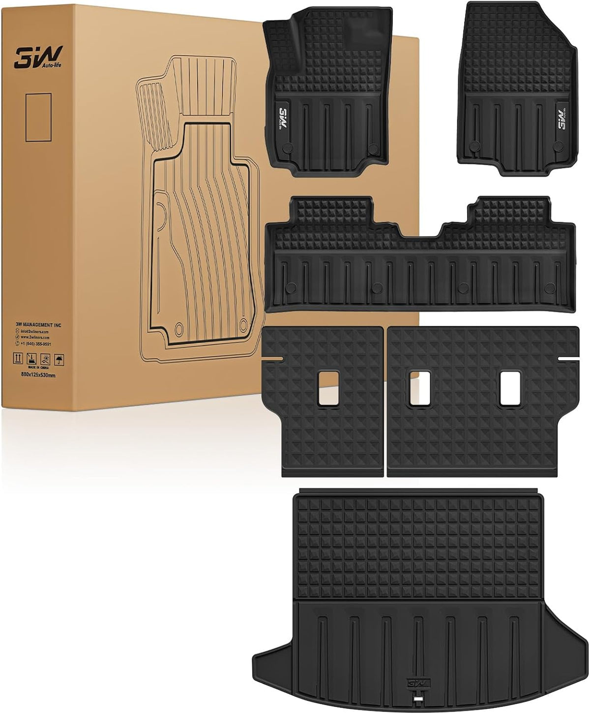 3W Floor Mats & Cargo Liner Fit for 2021 2022 2023 2024 2025 2026 Chevy Tahoe/GMC Yukon/Cadillac Escalade 7 Seat, TPE All Weather Custom Fit Car Accessories Heavy Duty Rubber Full Set Trunk Mats - Colors A