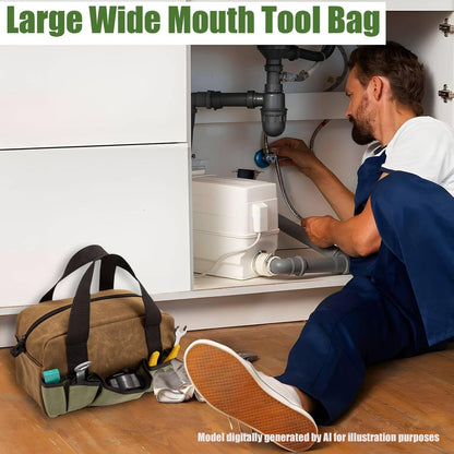 Small Tool Bag,Close Top Wide Mouth Tool Organizer Bag,Large Capacity Tool Bags for Men,Canvas Tool Storage Bag for Storage Handbag for Screwdrivers,Wrench,Pliers Hand Tools (black, 12 Inch)