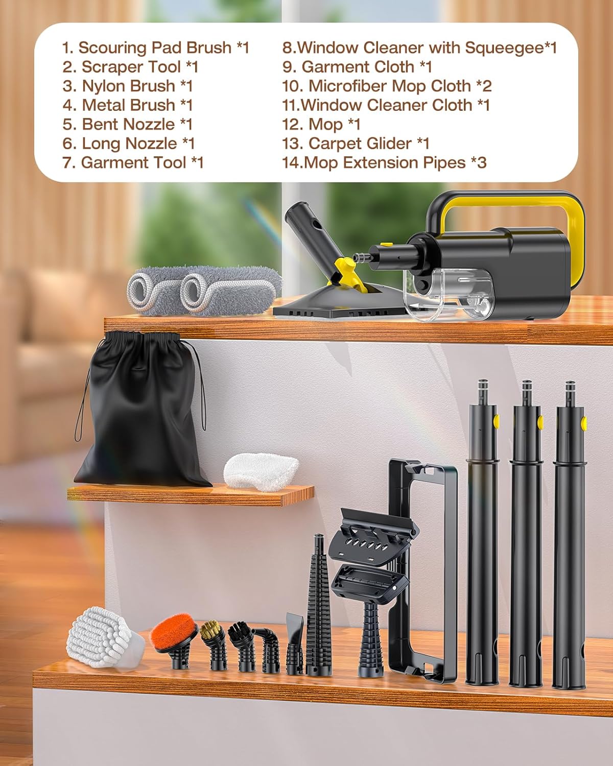 10-in-1 Steam Mop with Detachable Handheld Steamer,350ml Tank, 10s Heat-Up, 248°F Steam Cleaner, 2-Level Control and Swivel Head for Floor,Carpet,Tiles, BBQ grill,Car Accessories Clean White