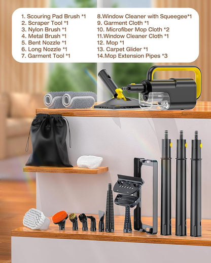 10-in-1 Steam Mop with Detachable Handheld Steamer,350ml Tank, 10s Heat-Up, 248°F Steam Cleaner, 2-Level Control and Swivel Head for Floor,Carpet,Tiles, BBQ grill,Car Accessories Clean White