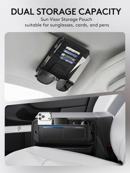 2 Pack Car Seat Gap Filler Organizer with Sun Visor Organizer, PU Leather Seat Gap Filler for Phone, Keys, Cards & Sunglasses, Front Seat Storage Side Pocket for Cars SUVs Trucks