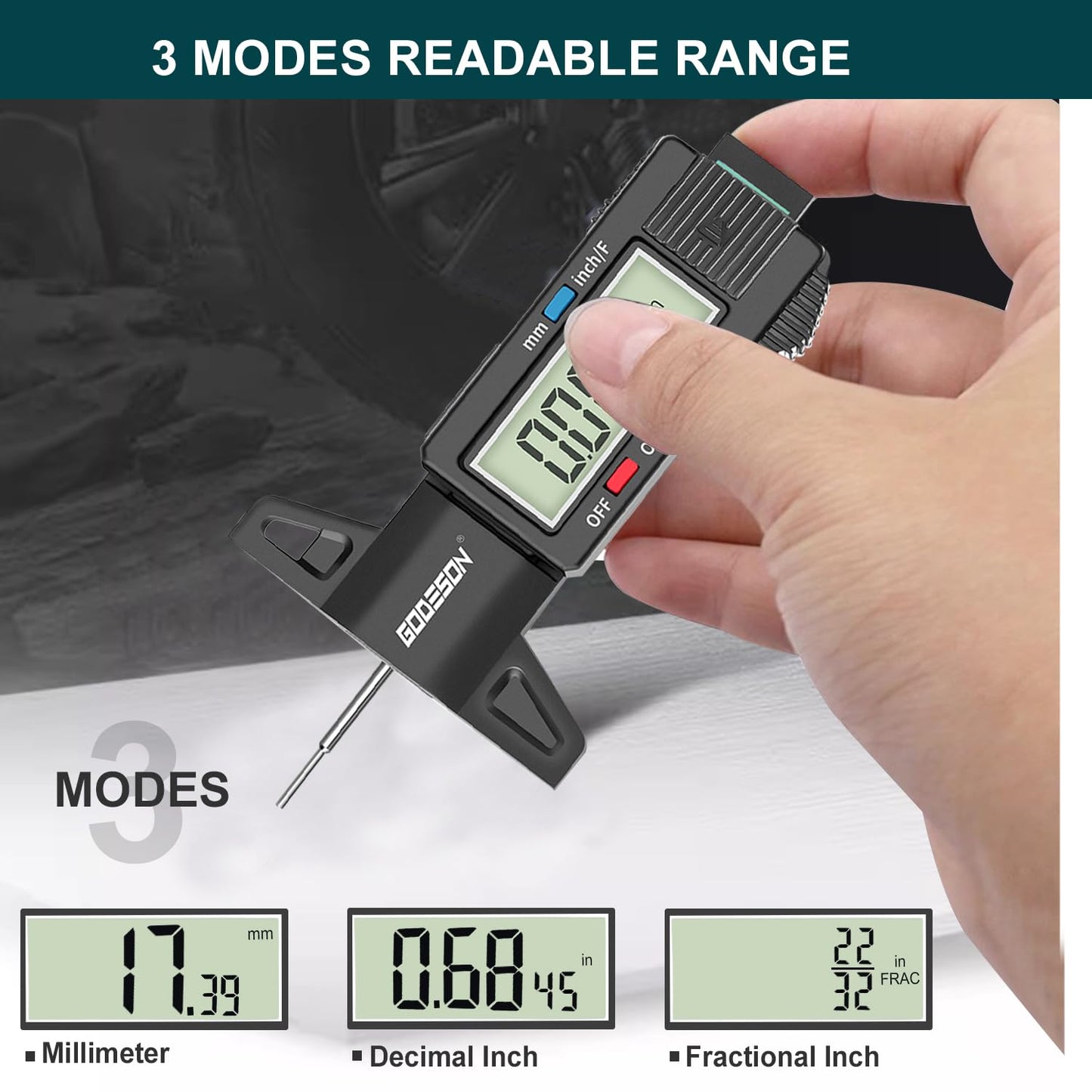 GODESON Tire Tread Depth Gauge, Digital Tire Tread Depth Gauge with 3 Modes-Fractional Inch, Decimal Inch and Millimeter, Tire Depth Gauge for Motorcycles, Cars, SUV, Easy to Read Tread Depth Gauge