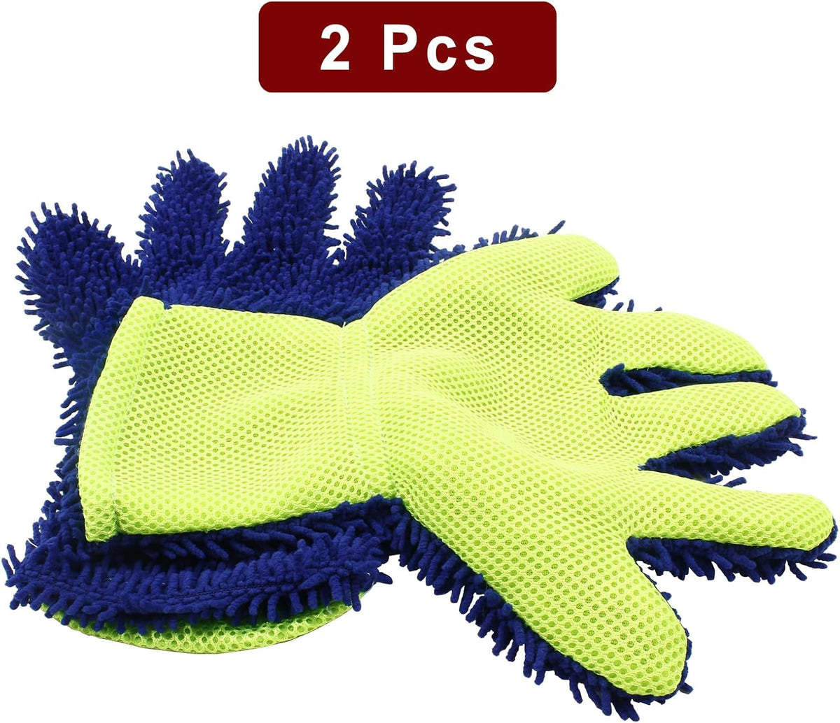 BokWin 2-Pack Car Wash Mitt Scratch Free, 5-Finger Microfiber Wash Mitts, Car Interior Exterior Cleaning Gloves, Auto Chenille Washing Sponge Kits for Cleaning Wheel Tight Spot