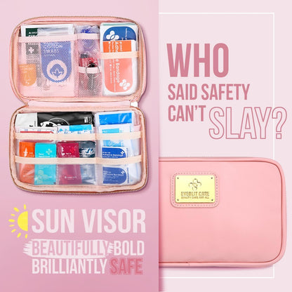 EVERLIT CARE Car First Aid Kit with Emergency Supplies Survival Gear Including Window Breaker Disposable Urine Bag Mountable Survival Kit for Family Travel in Car (Pink)