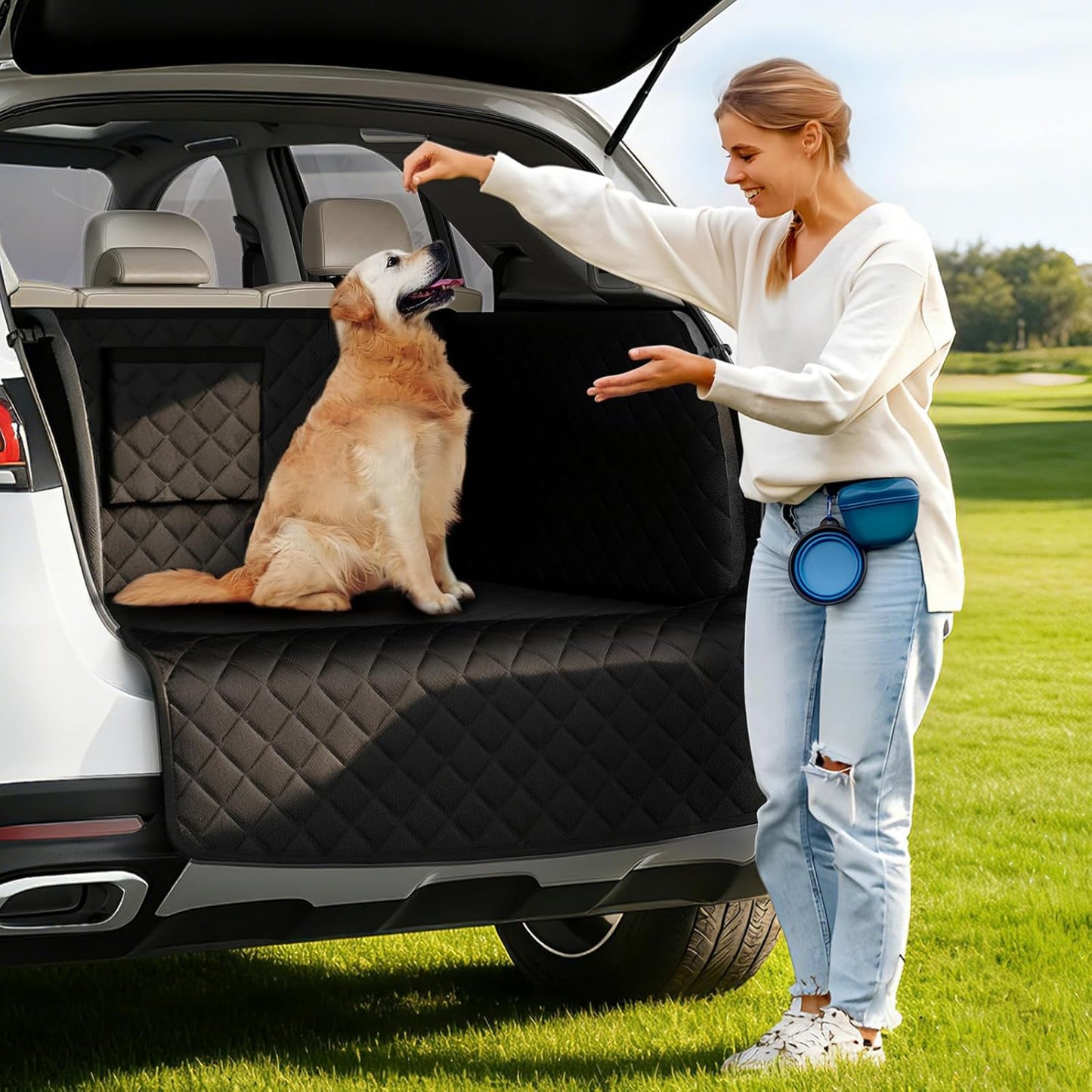 PETICON SUV Cargo Liner for Dogs, Waterproof Trunk Cover with Cushioned Sides to Protect Pet, Full Coverage Non-Slip Seat Cover for SUVs with Bumper Flap Protector