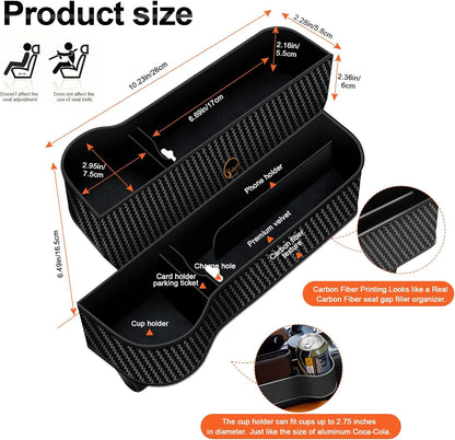 Car Seat Gap Filler Organizer, 2 Pack Multifunctional Car Seat Organizer, Auto Console Side Storage Box with Cup Holders 2 Seat Hooks for Drink, Car Organizer Front Seat for Holding Phone, Sunglasses