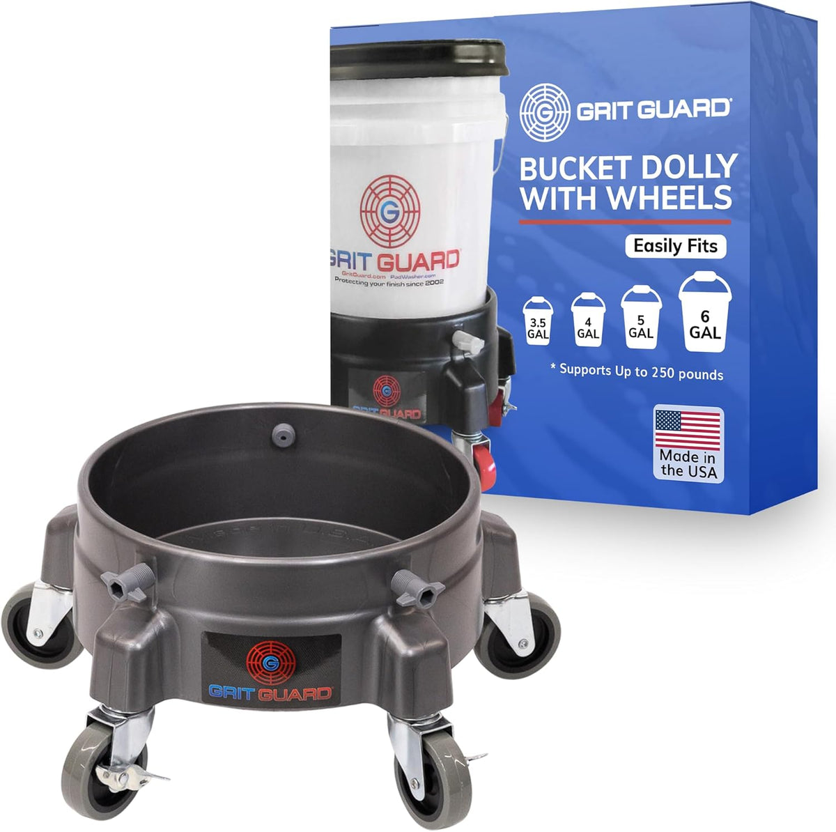 GRIT GUARD Bucket Dolly with Wheels - Rolling Detailing Wash Bucket with 5 Wheels and 2 Locking Casters Compatible with 2.5, 4, 5 and 6 Gallon Buckets (Black, 2" Red Casters) - Made in the USA
