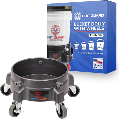GRIT GUARD Bucket Dolly with Wheels - Rolling Detailing Wash Bucket with 5 Wheels and 2 Locking Casters Compatible with 2.5, 4, 5 and 6 Gallon Buckets (Black, 2" Red Casters) - Made in the USA