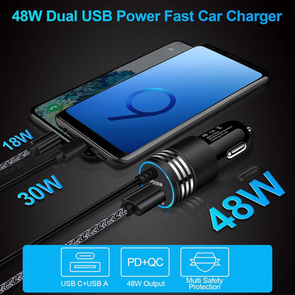 48W Super Fast Car Charger USB C Rapid Android Car Adapter with 30W Built-in Type C Fast Charging Cable for Samsung Galaxy S26 S25 S24 S23 Ultra S22 S21 S20 FE A16 A15 A14 A54 A53 A23 A13 Z Flip 7 6