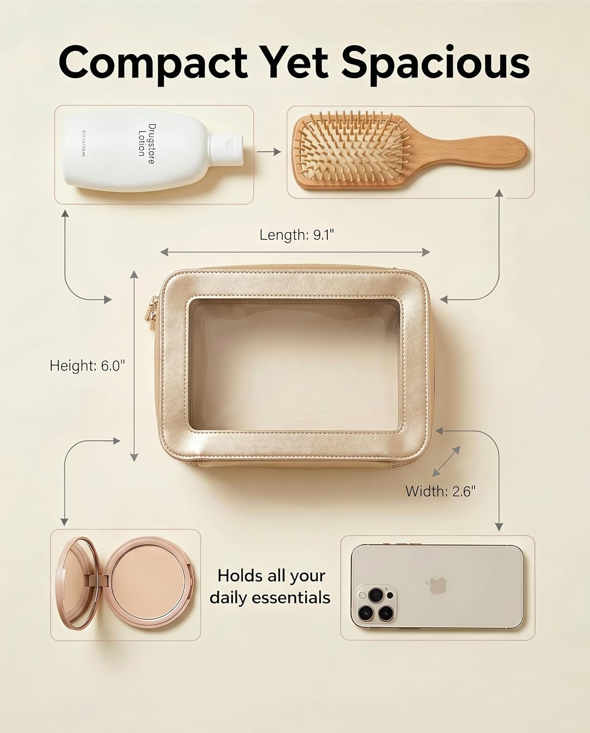 LETGO Clear Makeup Bags, TSA Approved Toiletry Bag with Zipper, Clear Makeup Organizer Fit Carry-on Travel Essentials,Clear Cosmetic Bags for Women Men (C-Beige)