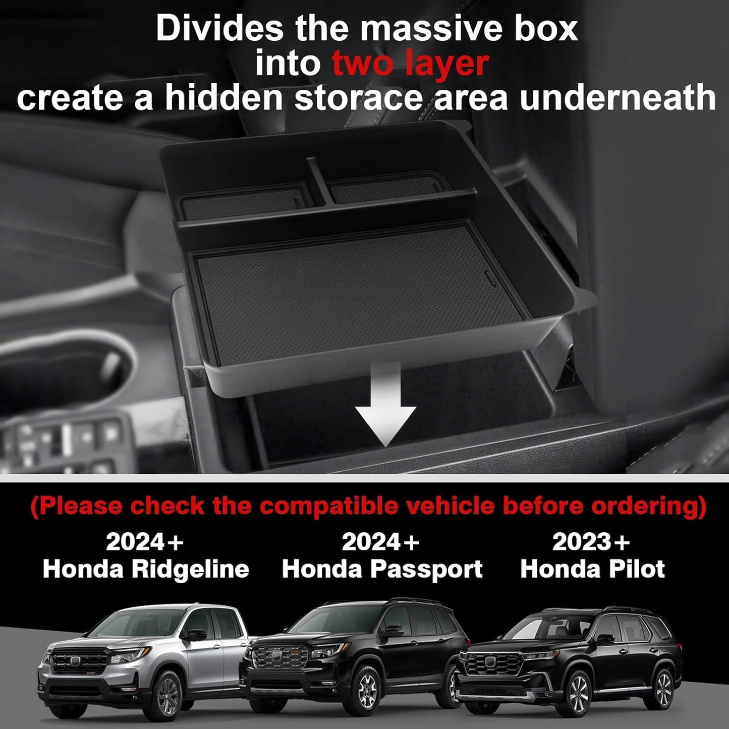 Muslogy Center Console Organizer Compatible with Honda Pilot 2023 2024 2025 2026, 2024-2026 Ridgeline/Passport Center Console Storage Box Divider Inserts Interior Accessories ABS Material(Gray)