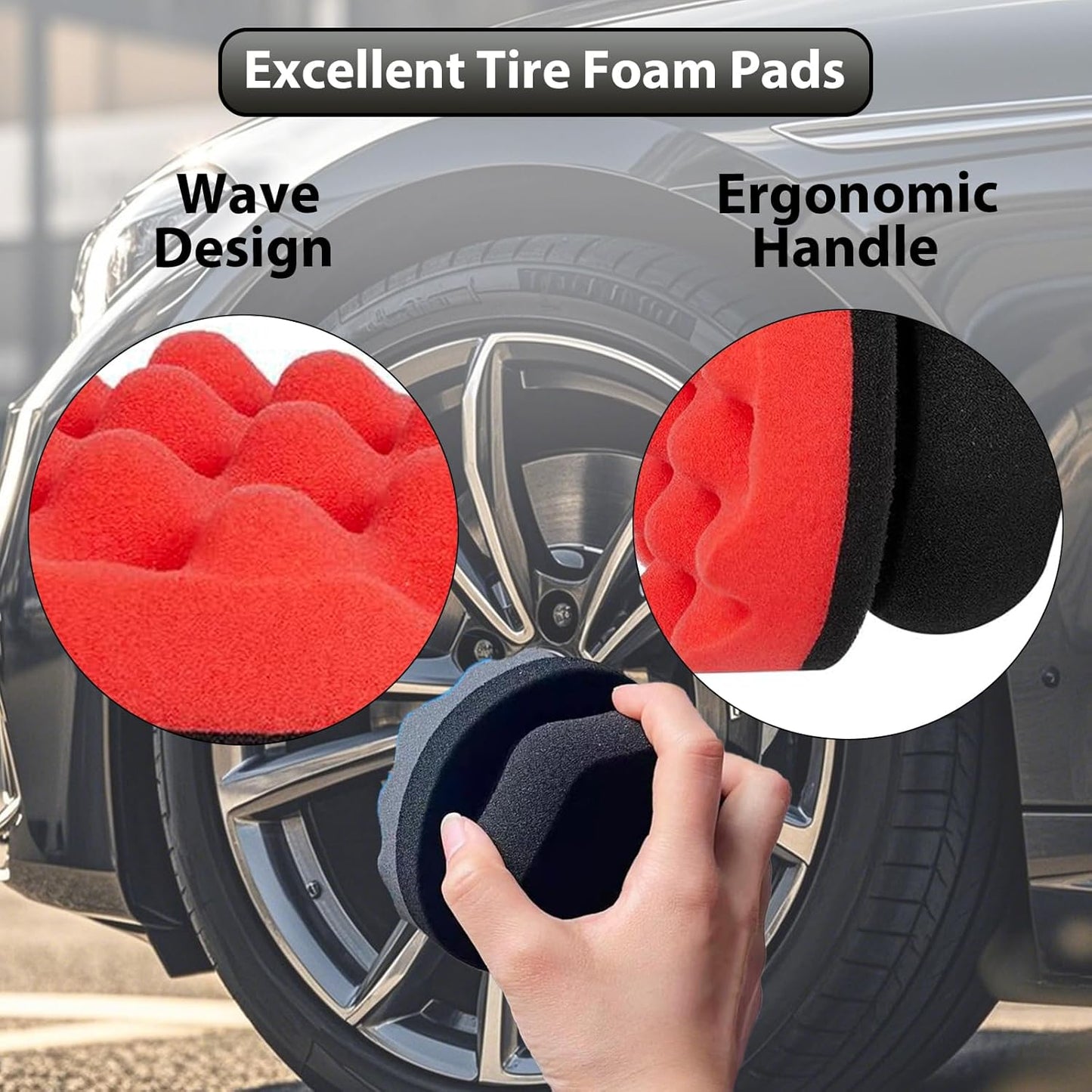 Tire Shine Applicator Pads, 2 Pcs Tire Dressing Applicator, Reusable Tire Shine Sponge Wave Contoured for Car Detailing, 3.15inch