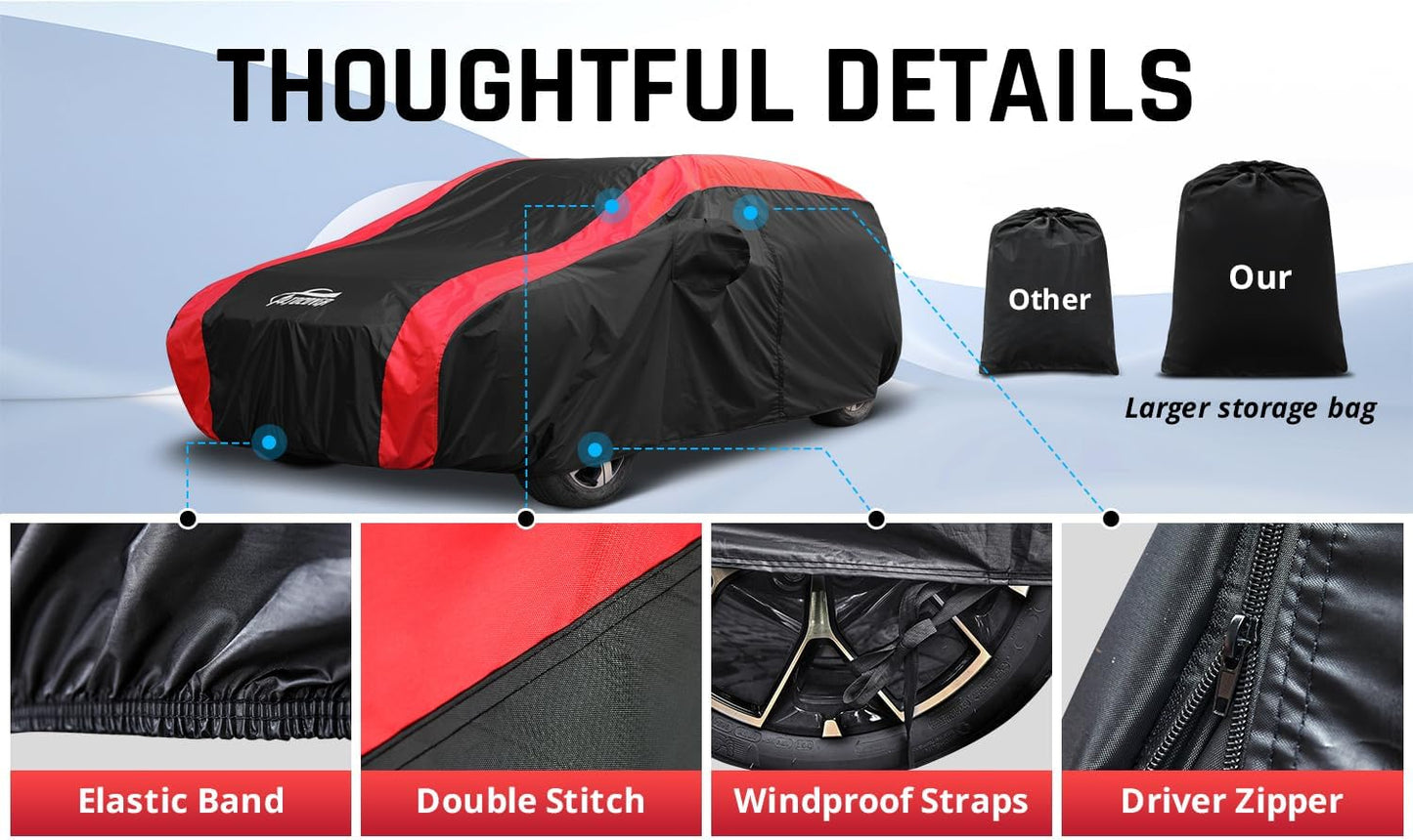 Car Cover Waterproof All Weather Protection with Red Stripe Design, Universal Fit Toyota Camry Solara, Ford Fusion, Kia Stinger Optima, Nissan Maxima, VW Passat, Subaru Legcy