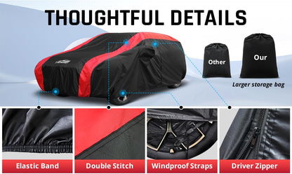 Car Cover Waterproof All Weather Protection with Red Stripe Design, Universal Fit Toyota Camry Solara, Ford Fusion, Kia Stinger Optima, Nissan Maxima, VW Passat, Subaru Legcy