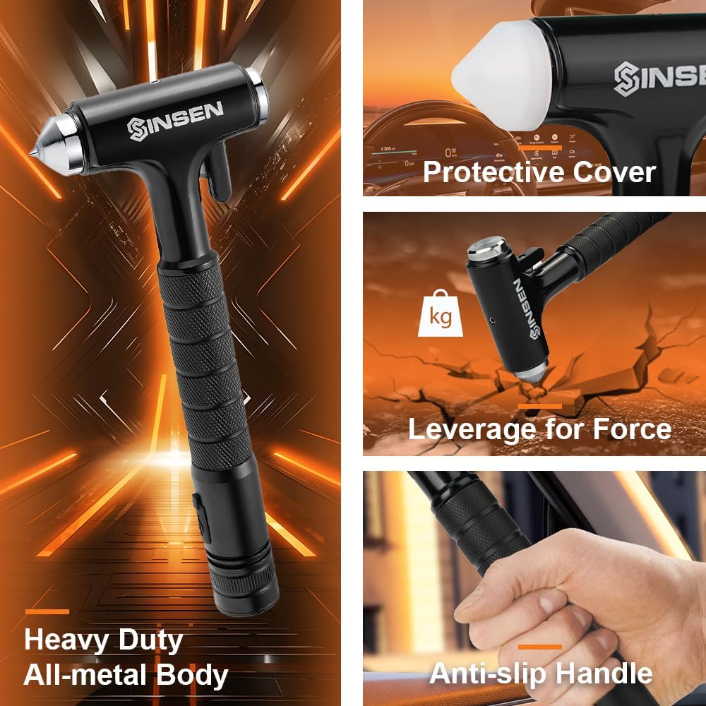 SINSEN Car Safety Hammer Flashlight, Tactical Emergency Rescue Tool, LED High Lumens Rechargeable Solar Powered Escape Kit, Window Glass Breaker and Seatbelt Cutter, Self Defense Multi-Function Torch