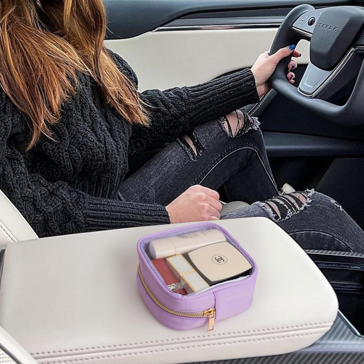 Small Clear Makeup Bag for Purse Small Cosmetic Bag Travel Size Toiletry Bags Cute Travel Makeup Bag,Coin Purse,Car Asscessories Organizer Storage Travel Essentials for Women Girls(Clear-Beige)