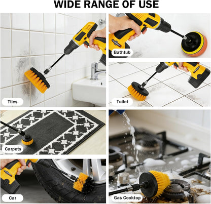 18PCS Drill Brush Attachments Set, Power Cleaning Scrub Brushes with Scrub Pads, Sponge, Extend Long Attachment, Cleaning Brush Supplies for Bathroom Bathtub, Grout, Tile, Sinks, Corners, Car Wheel