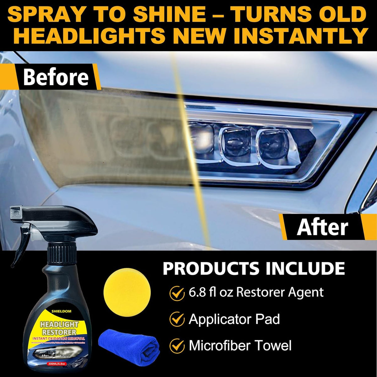 SHIELDOM Headlight Restoration Spray Headlamp Cleaner & Restorer, Instant Renew Oxidation & Yellowed Headlights to Like New Kit with Applicator Pad & Towel, Safe for All Vehicles Lamps 6.8 fl oz