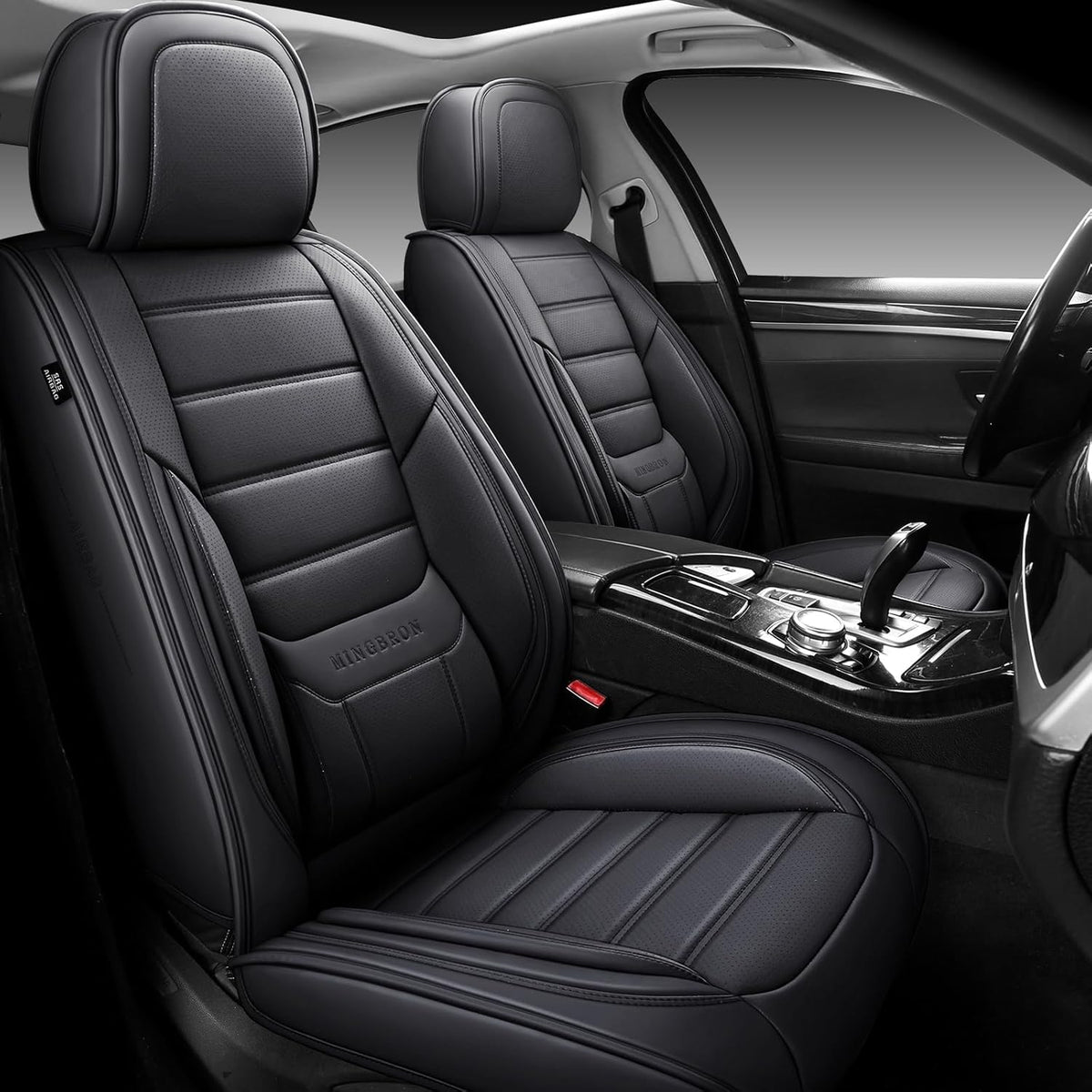 MINGBRON Car Seat Cover Full Set, Leather Car Seat Cover, Waterproof Seat Covers, Car Seat Cushion, Nappa Leather Seat Covers Car Seat Protector Universal Fit Most Cars Black