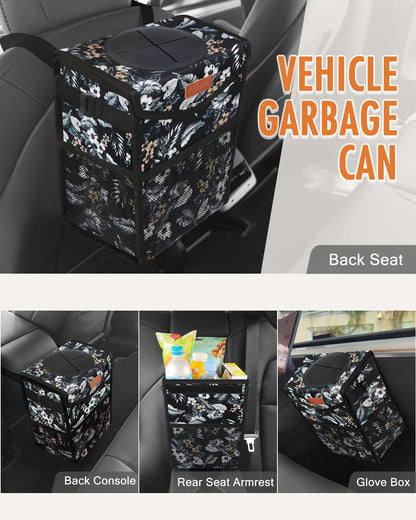 Pritent Car Trash Can with Lid, Cute Leakproof Car Trash Garbage Bag Hanging Vehicle Trash Bin Small Portable Automotive Garbage Cans Organizer for Back/Front Seat/Console(Trapezoid,Black)