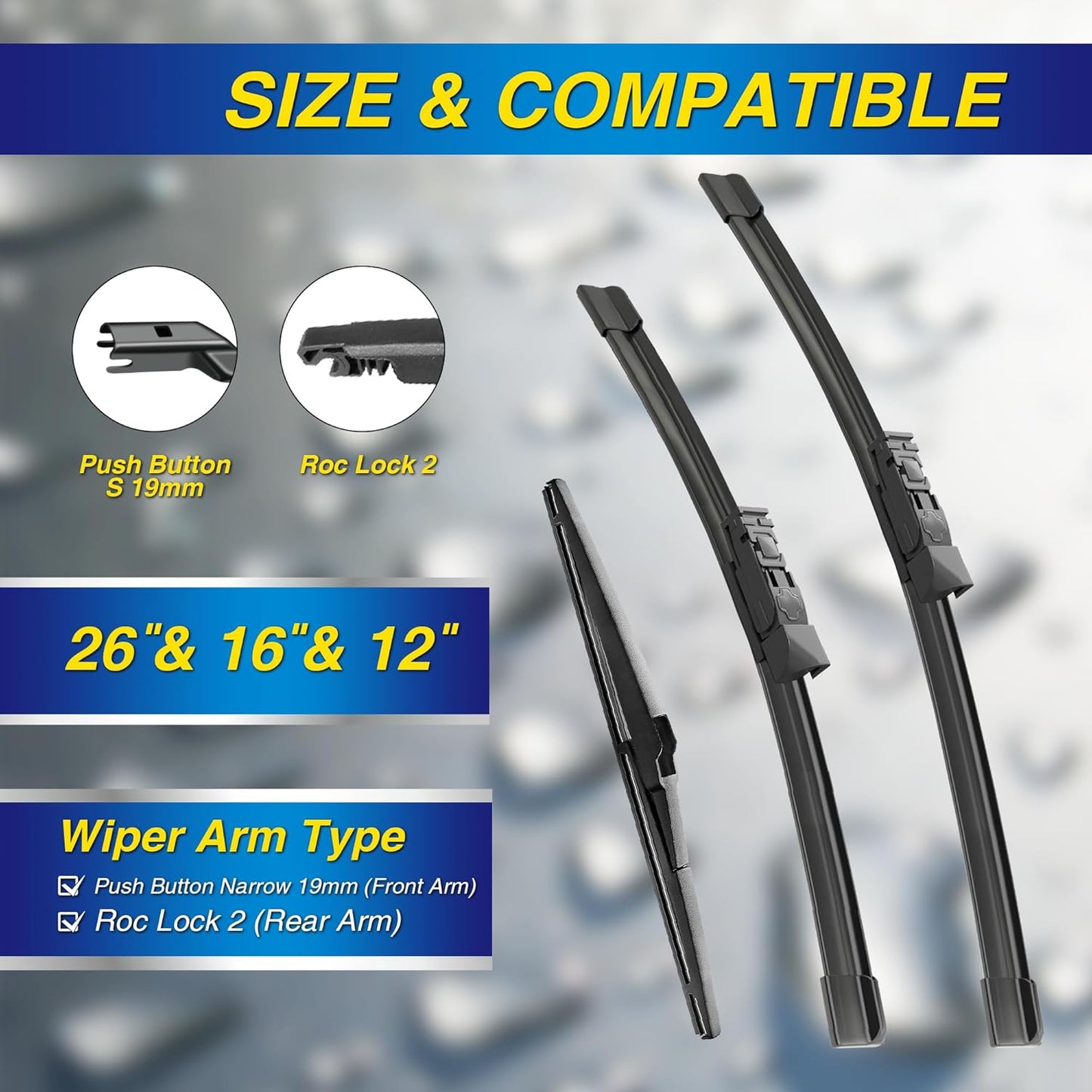 5 PLUS® Silicone Windshield Wipers Replacement for 2019-2024 Toyota RAV4/ 2006-2015 Mazda 5 Wiper Blades(Set of 3), Windshield Wiper Blades For My Car-26"/16"/12" - Colors C