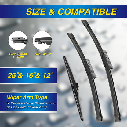 5 PLUS® Silicone Windshield Wipers Replacement for 2019-2024 Toyota RAV4/ 2006-2015 Mazda 5 Wiper Blades(Set of 3), Windshield Wiper Blades For My Car-26"/16"/12" - Colors C