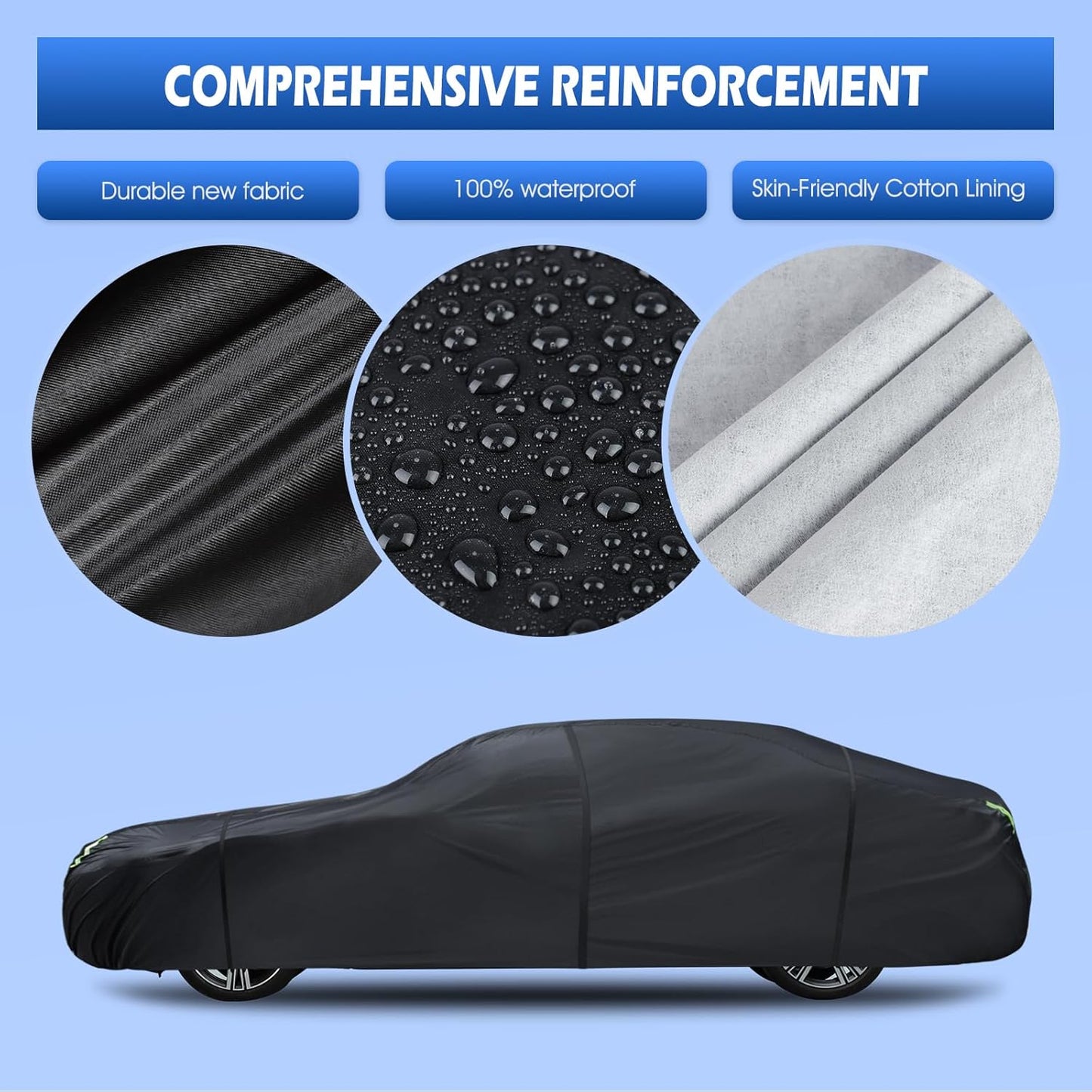 6 Layers Car Cover Waterproof All Weather for Automobiles, Size A3 with Zipper Cotton Fit for Toyota Camry, Honda Accord, Ford Mustang, Chevy Camaro/Malibu,Kia Optima/K5 (187-198 inch)