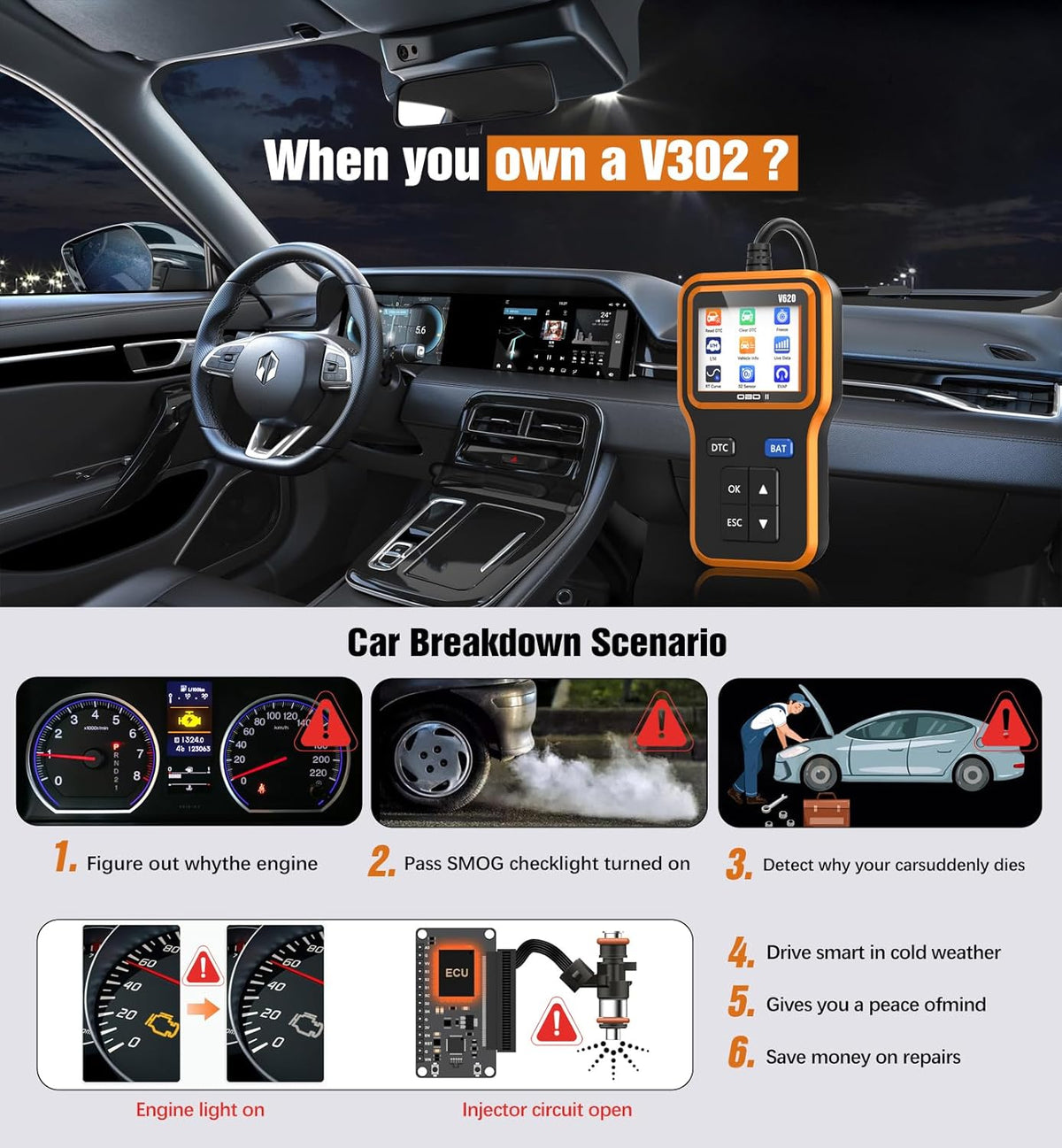UMEIJA OBD2 Scanner with Upgrade Battery Tester - Diagnostic Tool for Cars That Check Engine Light & Emissions Readiness Read and Clears Vehicle Error Codes for All OBD II Protocol Vehicles Since 1996