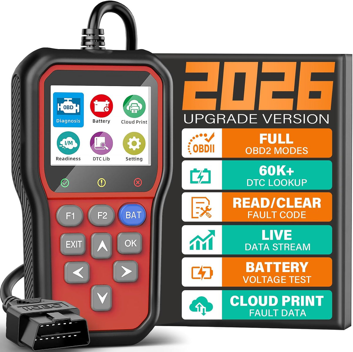 BluSon YM319 OBD2 Scanner Diagnostic Tool with Battery Tester, Check Engine Fault Code Reader with Live Data, Cloud Printing, DTC Lookup, Freeze Frame, Scan Tool for All OBDII Protocol Cars Since 1996