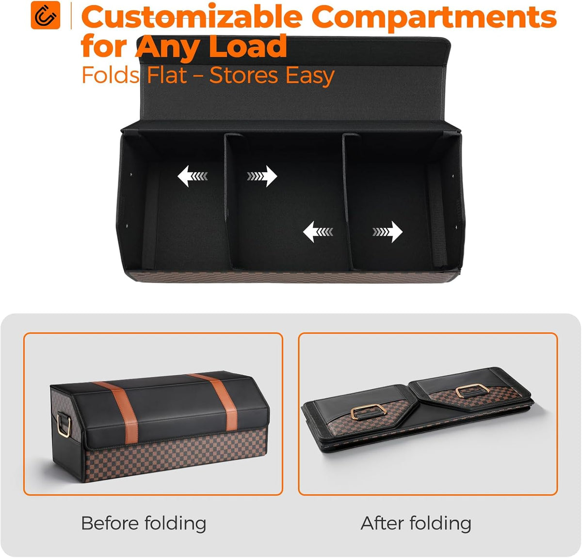 Fyzeoty Car Organizers for Trunk for Suv Sedan, Leather Storage Box,Magnetic Lid,Collapsible and Adjustable,16.5 inches