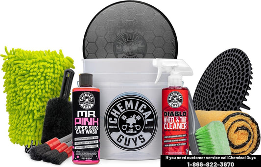 Chemical Guys Car Washing Kit - Mr. Pink Car Wash Soap, Diablo Wheel Cleaner, Wash Bucket with Dirt Trap and Lid, Wash Mitt, Detailing Brushes, Microfiber Towel, 12-Piece