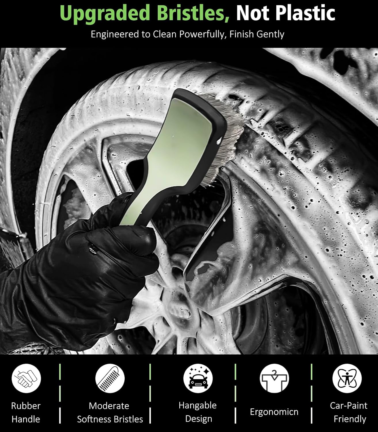 YeewayVeh 3PCS Quick Car Wheel Brush Kit, 2-Size 360° Bendale Rim Cleaner Brushes, Boars Hair Detailing Brush, Fast Scratch-Free Cleaning for Car Wheels, Motorcycle, Green