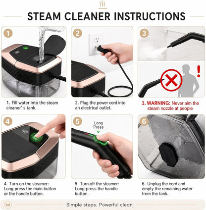Steam Cleaner, 3 Level Adjustable Pressurized Steam Cleaner for Home, 15s Heat-Up Handheld Steamer for Cleaning, 1.9 Qt Tank Portable Steam Cleaner for Car, Home, Tile, Grout, Rose Gold