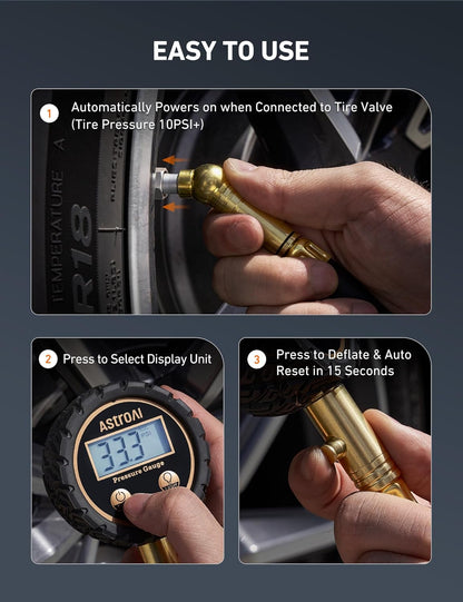 AstroAI Tire Pressure Gauge for Cars with Large 2" Dial, Solid Brass with Rubber Hose, Air Bleeder Valve, ANSI B40.1, 0-60PSI