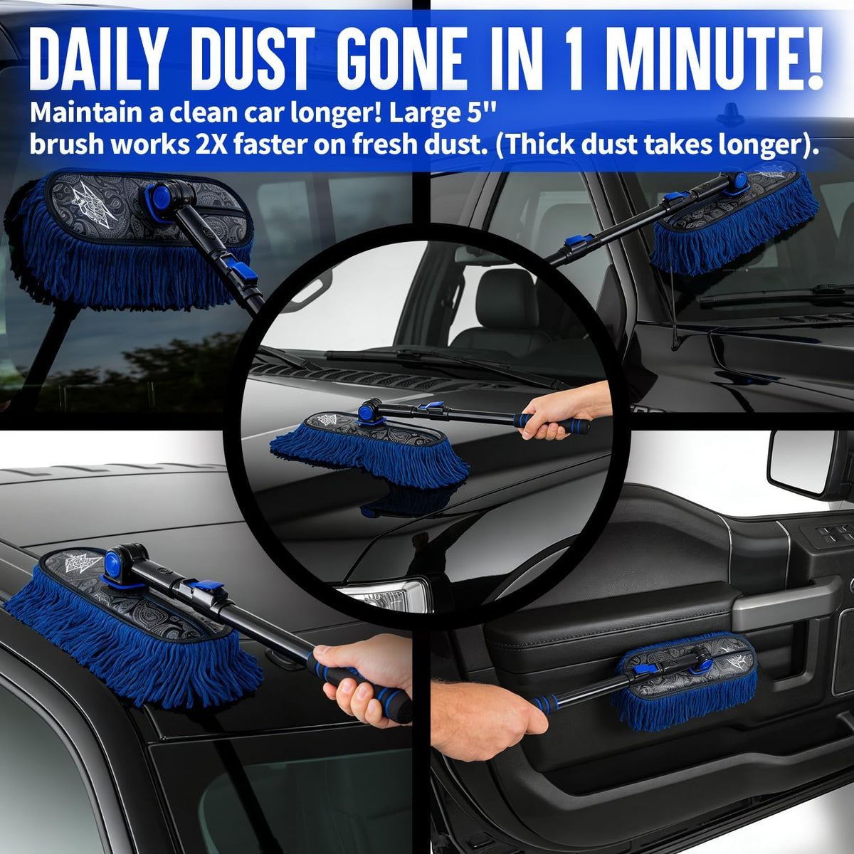 Flash Dog Car Duster Exterior with Car Duster Interior Wax Cotton Hair Scratch Free Cleaning for Cars, SUVs, Trucks | Waterless Dust Remover & Detailing Brushes Set with Storage