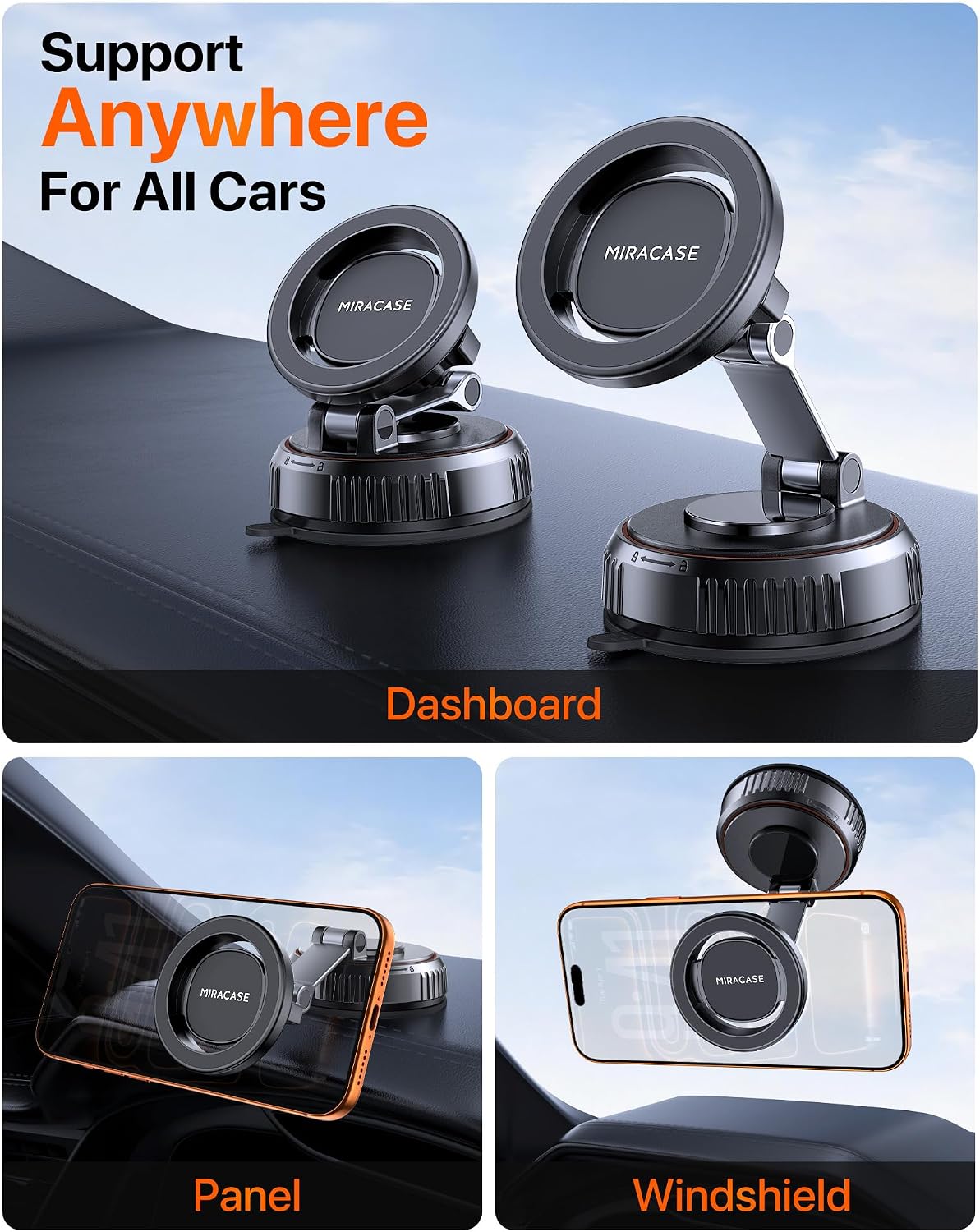 Miracase for MagSafe Car Mount[3600gf Strong Magnet & 89+LBS Suction Base]Vacuum Magnetic Phone Holders for Your Car, 360° Adjustable Dashboard & Windshield Mount with Dash Accents for All Smartphones