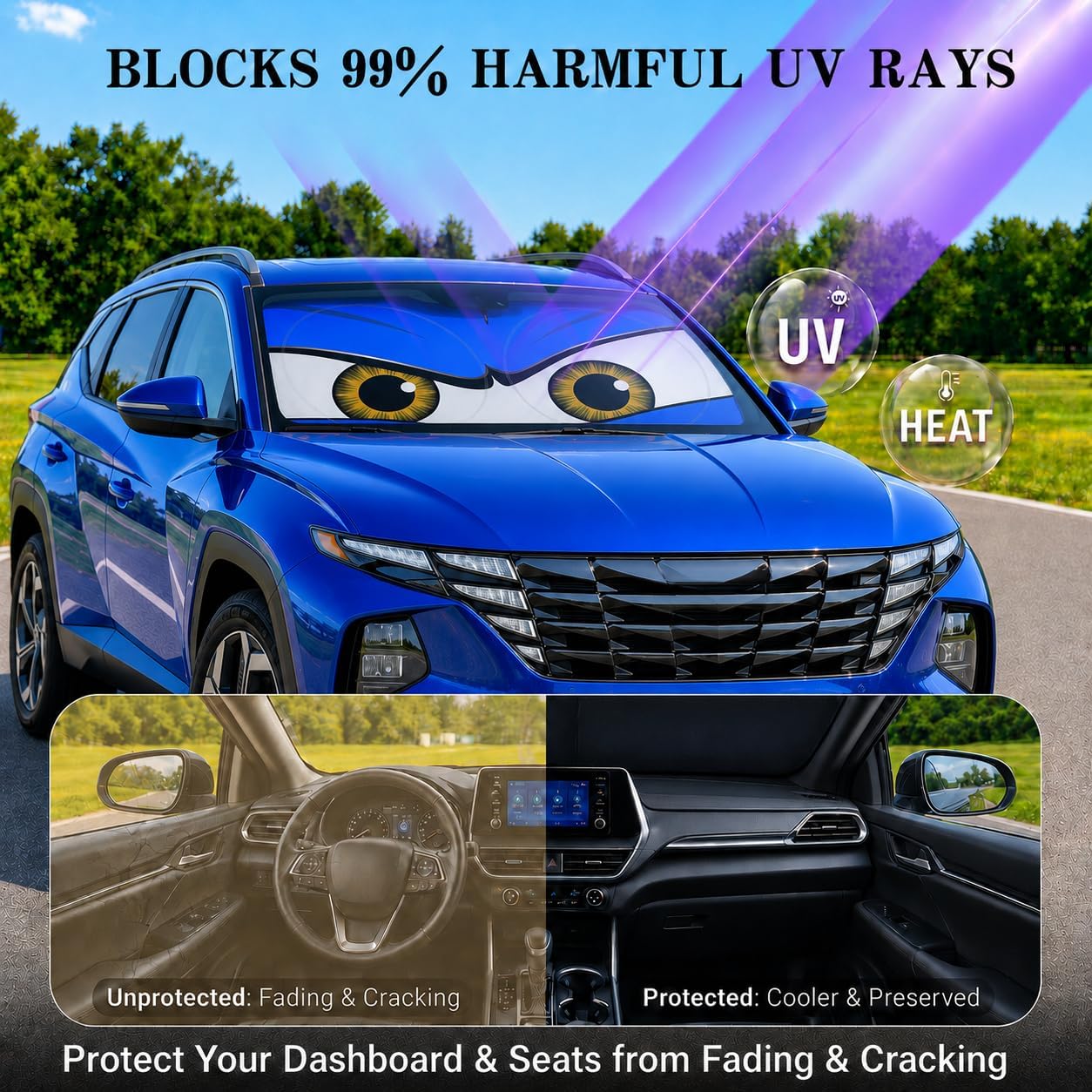 Car Windshield Sun Shade, Funny Cartoon Eyes Sun Visor for Car Windshield Universal Fits Sedan Compact Car Hatchback SUV, UV Heat Protection - 59 x 27.5