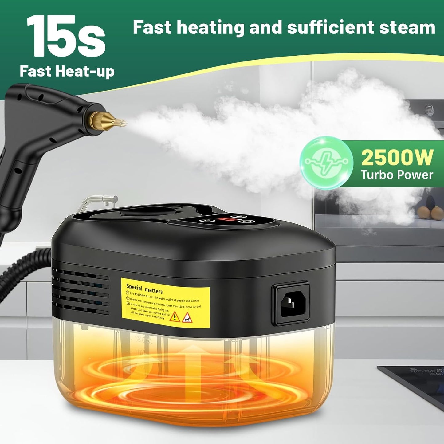 2500W Handheld Steam Cleaner, 15s Fast Heat-Up High Temp Pressurized Steamer, 1.2L Large Tank, Portable Steam Cleaning Machine for Home, Kitchen, Bathroom, Car, Grout & Furniture (Black)