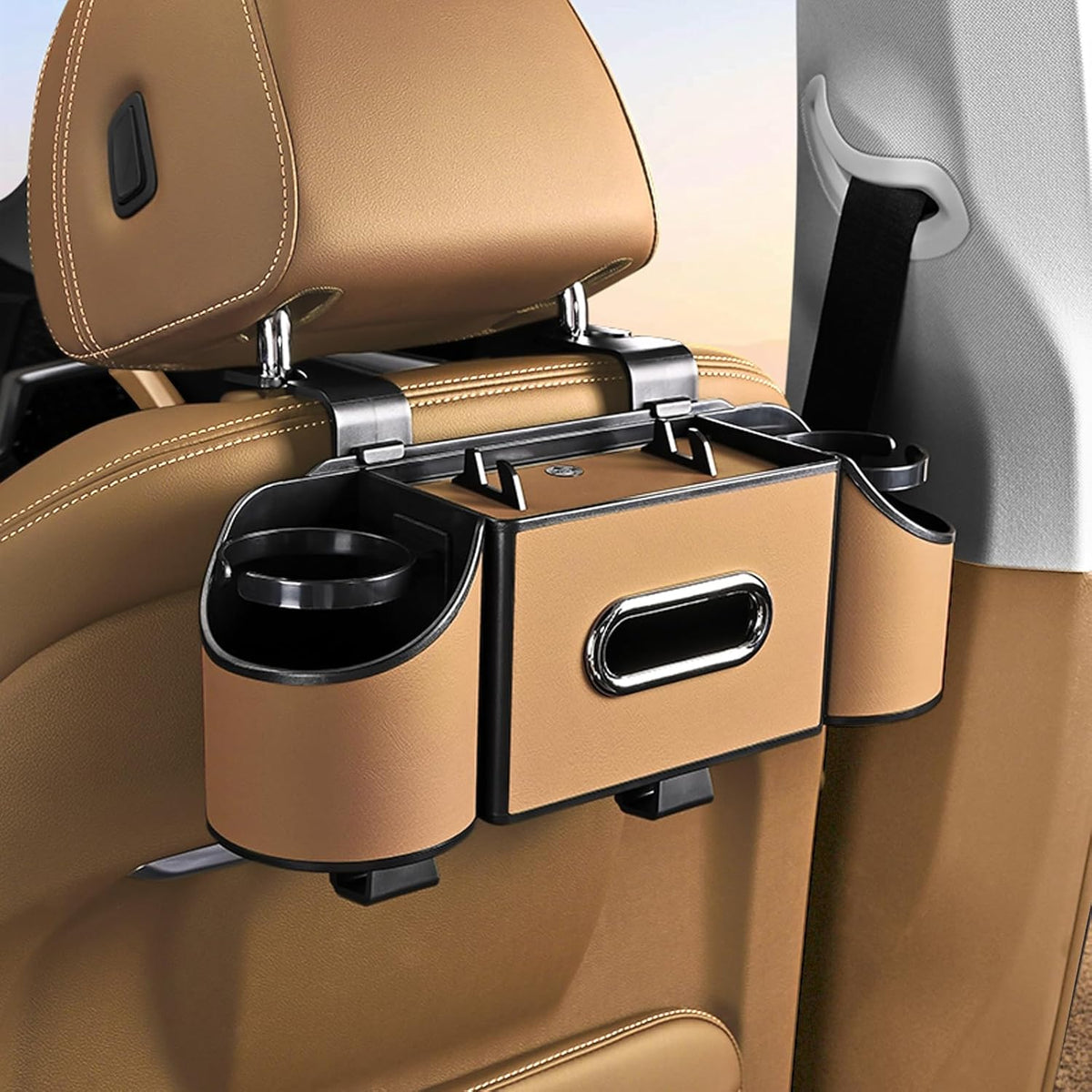 Back Seat Car Organizer,4 in 1 Multifunctional Car Back Seat Storage Box with Drink Cup Holder Tissue Box, for Hold Phone,Snacks, Drinks, Handbag-Black