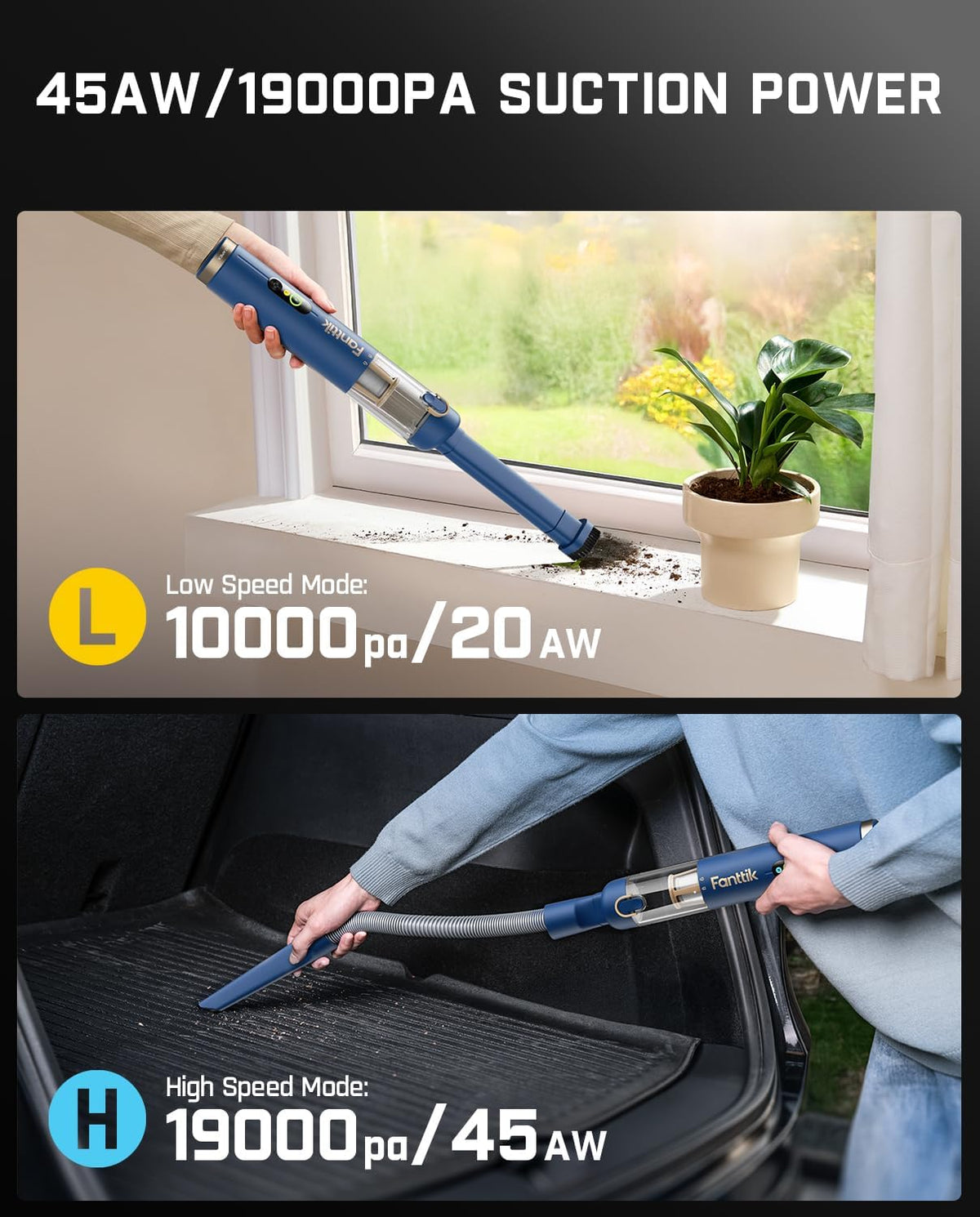 Fanttik Slim V10 APEX Cordless Car Vacuum, 4-in-1 Portable Mini Handheld Vac, 19kPa Suction Power, Upgraded Smart Digital Display, 2 Suction Modes for Small Jobs, Car, Office Desk, Keyboards (Black)