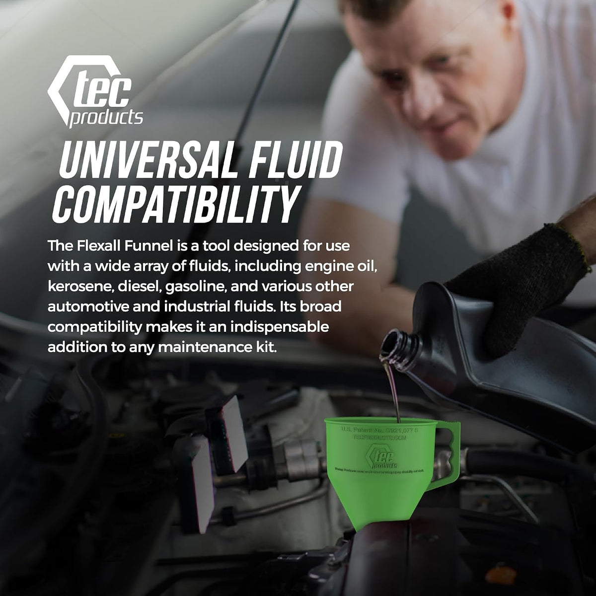 TEC Products FlexAll Long Flexible Funnels - Automotive Oil Funnel with Hose, Durable Nitrile Rubber for Oil Change, Transmission Funnel Fluid, Diesel, Fuel, Gas - Made in USA - Red (16 x 5 Inches)