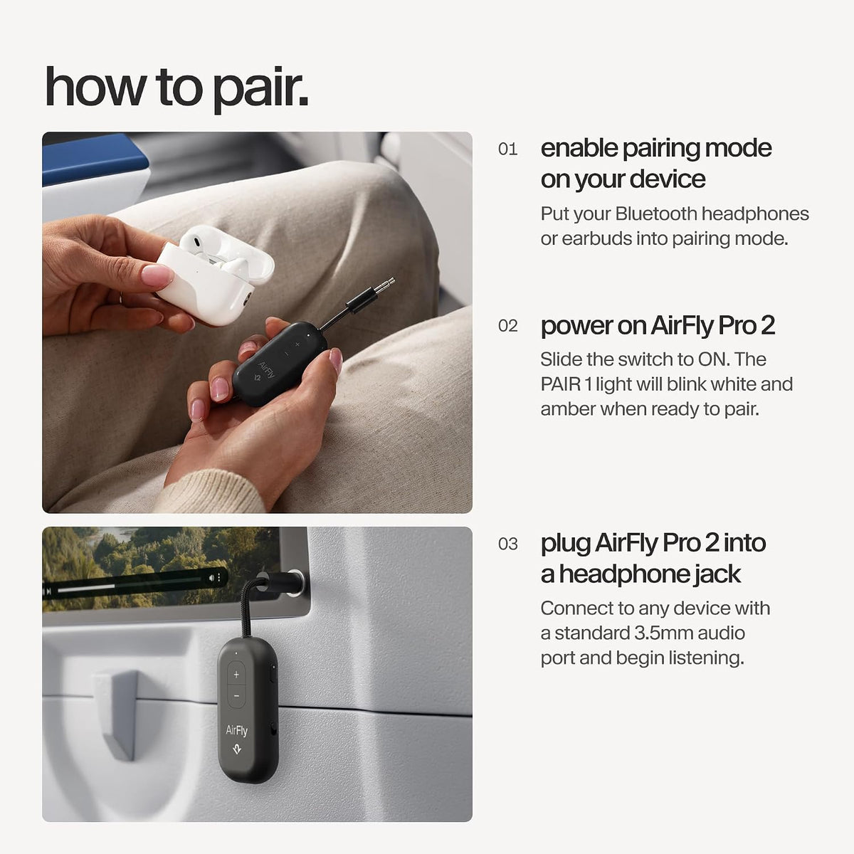 AirFly Pro 2 Deluxe – Bluetooth Adapter for Airplane, Pair 2 AirPods or Wireless Headphones – 3.5mm AUX Bluetooth Transmitter/Receiver for Cars, Boats, Treadmills, TVs – Airplane Travel Essentials