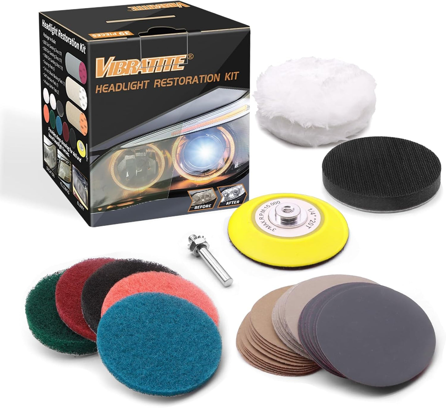 Car Headlight Restoration Kit, 3 Inch Car Polishing Sanding Discs with 1/4 Inch Shank Backing, Scouring Pads, Buffing Sponge, Soft Interface, Woolen Buffer, 41PCS