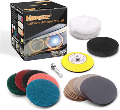 Car Headlight Restoration Kit, 3 Inch Car Polishing Sanding Discs with 1/4 Inch Shank Backing, Scouring Pads, Buffing Sponge, Soft Interface, Woolen Buffer, 41PCS