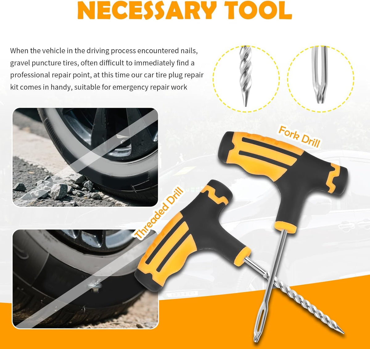 30PCS Car Tire Plug Kit,Essential Car Emergency Flat Tire Repair Kit Contains Drill/Rubber Repairs Screws/Cars Tires Repair Plugs,Professional Tubeless Tires Patch Kits for Cars