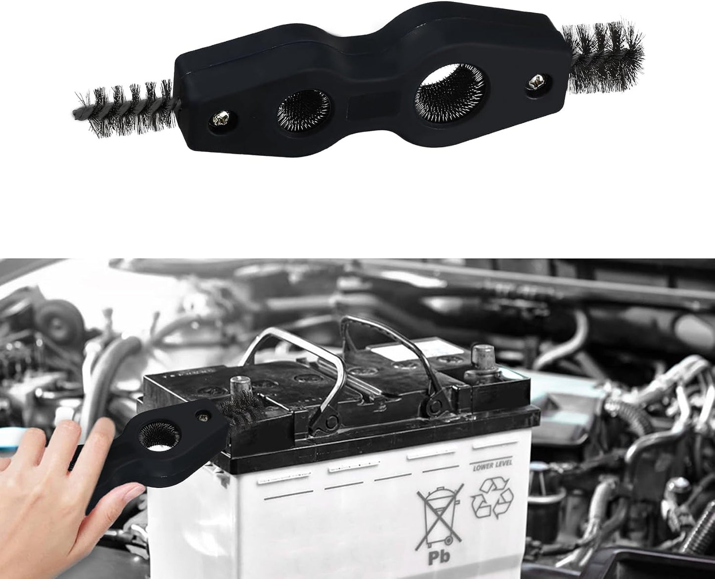 4 in 1 Car Battery Cleaning Brush, Battery Terminal Brush, Anti-Rust Auto Battery Cleaner with Steel Wire, Car Accessories Vehicle Machine Parts Cleaning Tools Fit for Auto Marine (Black)