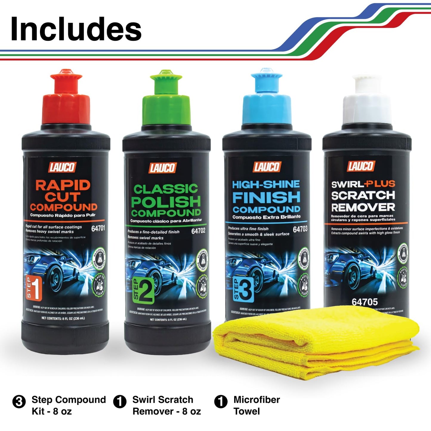 LAUCO Paint Correction Compounds Step 1, 2, 3, Swirl Remover 8oz Kits, with a Towel, Silicone-Free, Clear Coat Safe Scratch Remover, Swirl Correction & High Gloss Finishing