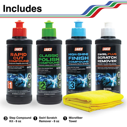 LAUCO Paint Correction Compounds Step 1, 2, 3, Swirl Remover 8oz Kits, with a Towel, Silicone-Free, Clear Coat Safe Scratch Remover, Swirl Correction & High Gloss Finishing